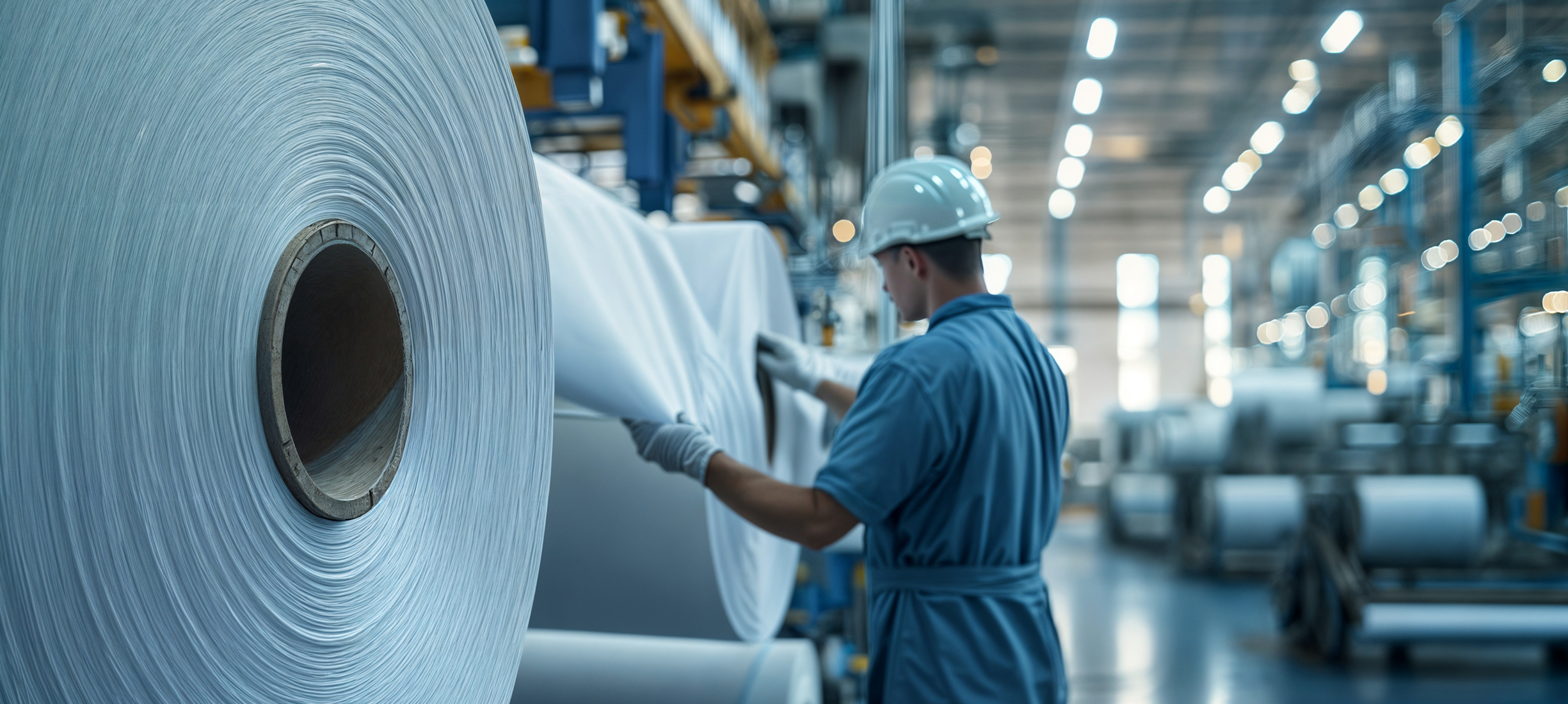 Papierrolle in der Produktion – Symbolbild für Sondermaschinenbau im Papiermaschinenbau Arbeiter in einer Papierfabrik überprüft eine große Papierrolle. Symbolbild für den Sondermaschinenbau im Bereich Papiermaschinenbau der Stahlberg GmbH.