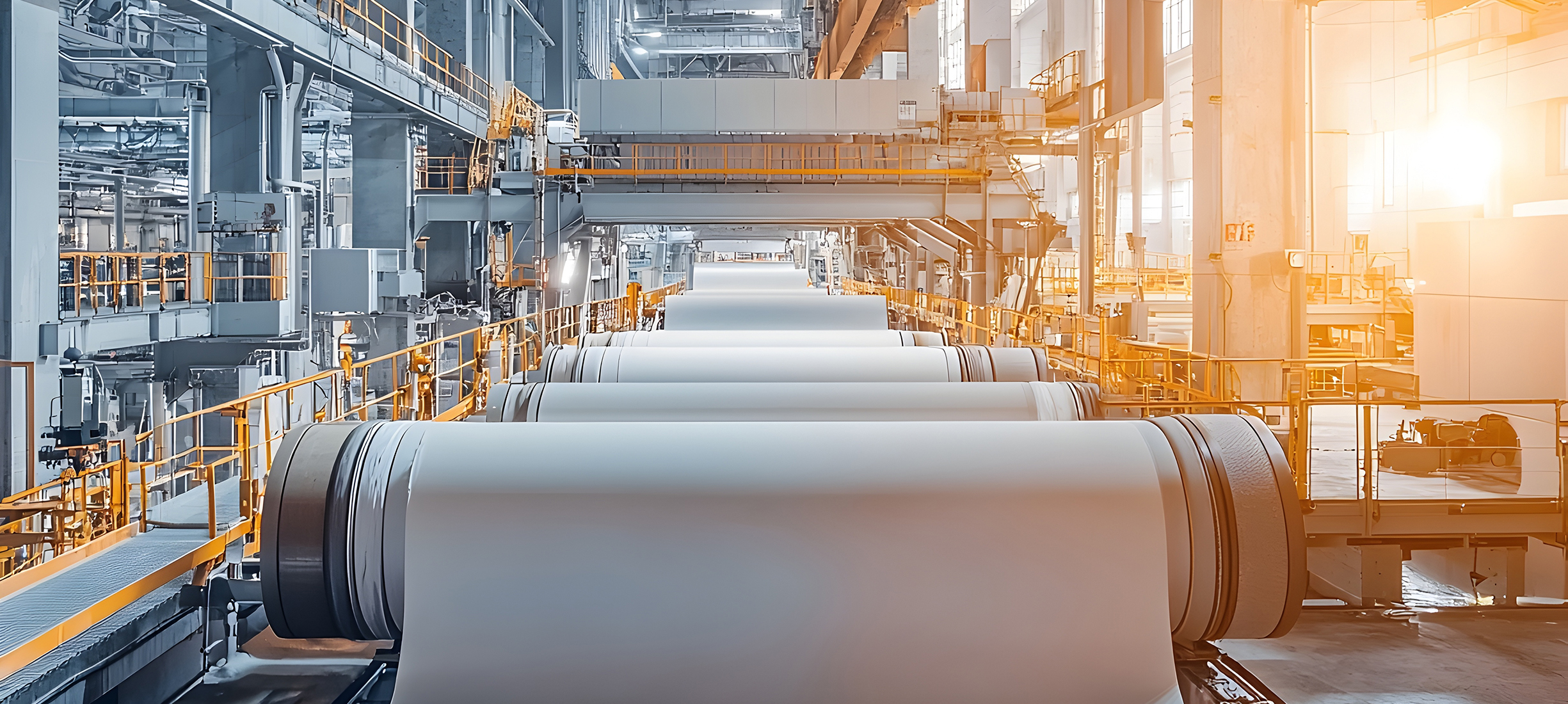 Papierrollen in industrieller Fertigung – Symbolbild für Sondermaschinenbau im Papiermaschinenbau Große Papierrollen in einer modernen Produktionshalle – Symbolbild für den Sondermaschinenbau im Papiermaschinenbau durch die Stahlberg GmbH.