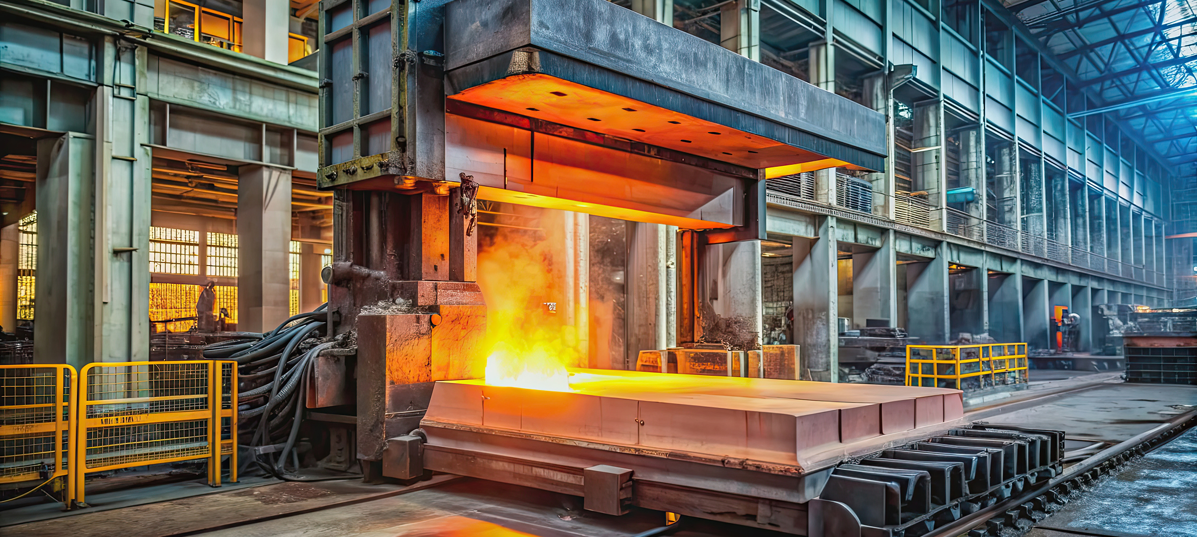 Verbindungstechnik für Pressenbau und Schmiedetechnik Erhitzter Stahlblock in einer Schmiedepresse – Symbolbild für Verbindungselemente und Sonderschrauben der Stahlberg GmbH in der Pressen- und Schmiedetechnik.