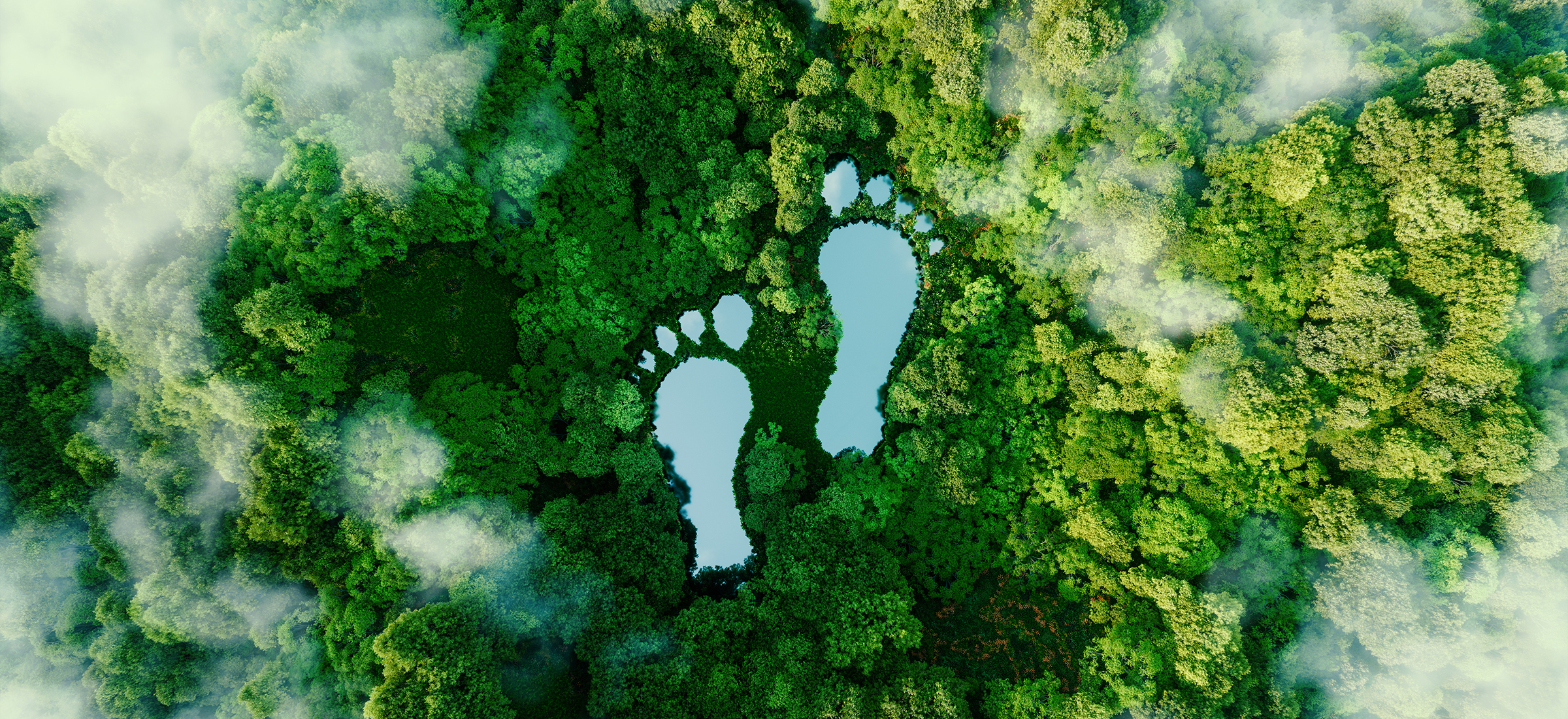 Ökologischer Fußabdruck – Symbolbild für nachhaltige Auswahl von Verbrauchsmaterialien bei Stahlberg Zwei Seen in Form von Fußabdrücken inmitten einer Waldlandschaft – Symbolbild für die nachhaltige Auswahl von Verbrauchsmaterialien bei Stahlberg.